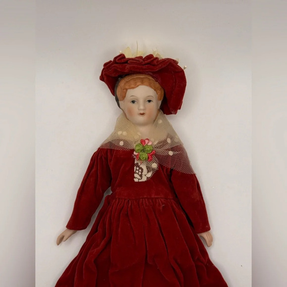 Vintage Silvestri Porcelain China Doll Red Dress Christmas Victorian Ornament 9" - Picture 3 of 3